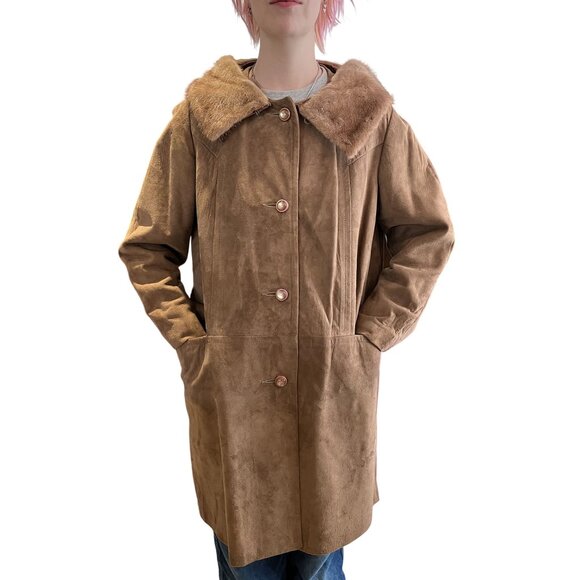 Vintage Jackets & Blazers - 1960s Vintage Suede Coat With Mink Fur Collar Moonglow Buttons Satin Lining M
